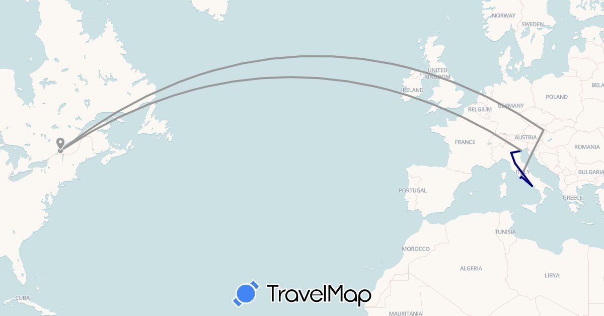 TravelMap itinerary: driving, plane, hiking, boat in Austria, Canada, Italy (Europe, North America)